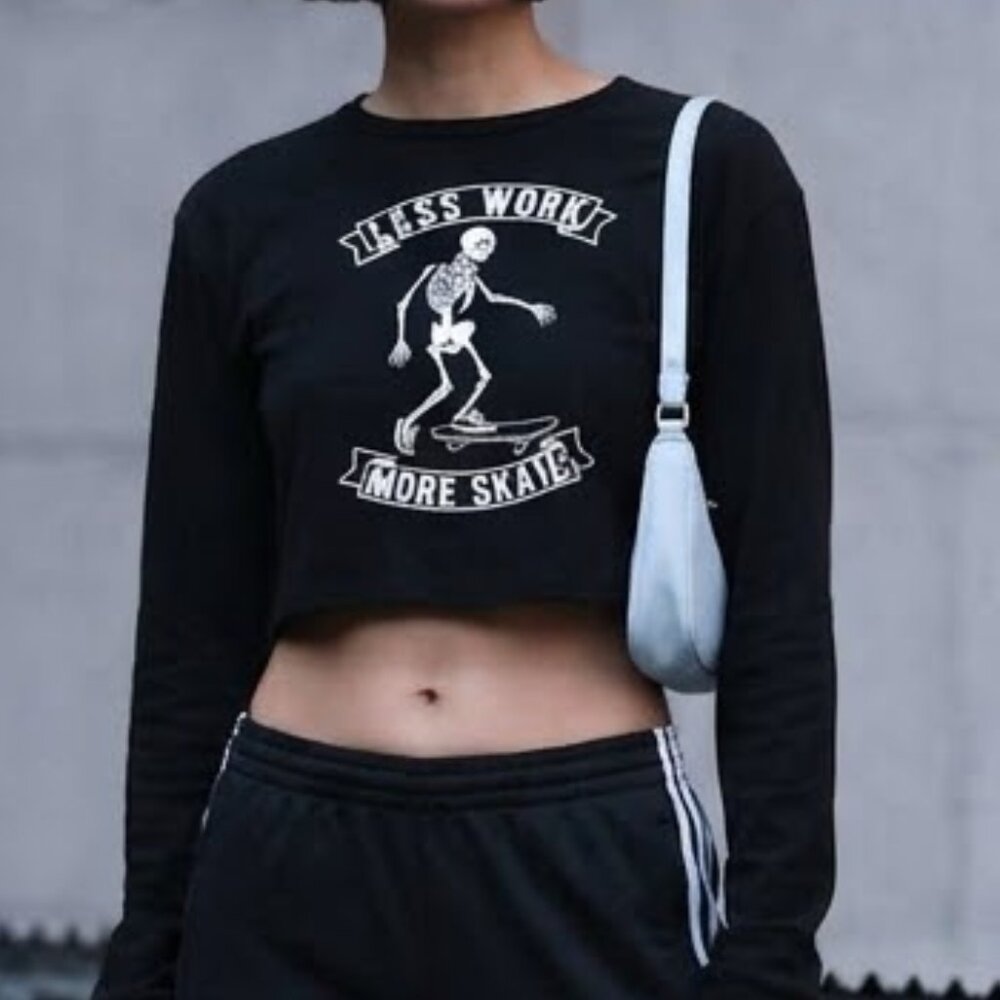 💥🚀💥 Local Lab Skeleton Skate Graphic Crop Top Size L Long Sleeve Skater Style